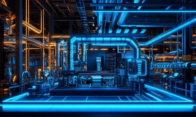 Fototapeta premium Industrial space with blue neon lights.