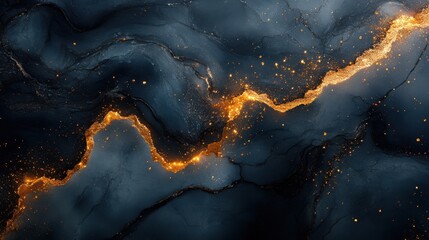 Abstract Fluid Art Background with Swirling Black Marble-Like Patterns, Enhanced by Gold Accents and Glittering Texture, Creating a Luxurious and Dynamic Visual 