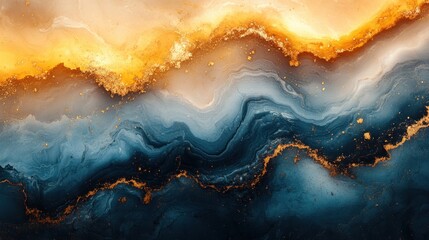Abstract Fluid Art Background with Swirling Blue, White, and Vibrant Orange Marble-Like Patterns, Enhanced by Gold Accents and Glittering Texture, Creating a Luxurious and Dynamic Visual 