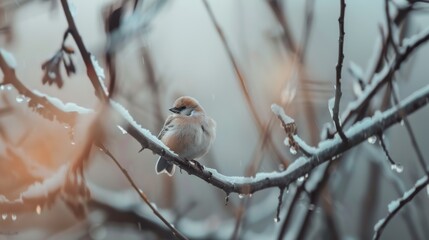 A solitary bird perches on a snow-dusted branch, surrounded by soft, blurred winter tones and a serene, frosty atmosphere.