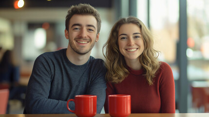 Fototapeta premium Affectionate boyfriend girlfriend date, romantic couple cafe man woman, tender young coffee two relationship, happy cheerful smiling, loving together friendship