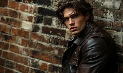 Obraz premium Man in leather jacket against brick wall.