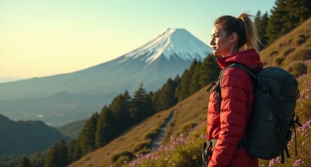 Naklejka premium Hiker sexy model girl at Mount Fuji, Japan, showcasing gravity-defying landscapes in earthy greens and browns, a breathtaking shot in 8k with Hasselblad X1D.