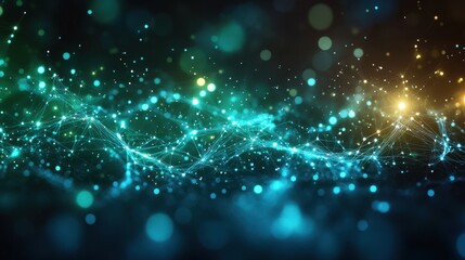 Obraz premium Luminous blue Wave-Like Particles and Sparkling Dots Creating an Abstract Futuristic Landscape, with Dynamic Motion and Depth in a Dreamlike, Ethereal blue Glow, Surrounded by Bokeh Effects and Ligh