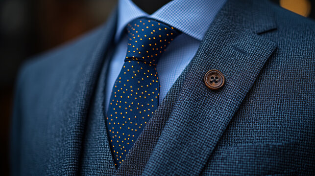 Elegant charcoal grey suit fabric with stylish polka dot tie, showcasing fine details and textures. Perfect for formal occasions and professional settings