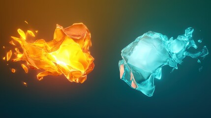 Fototapeta premium A vibrant image showcasing contrasting elements of fire and water, represented by dynamic, glowing splashes in orange and blue against a dark background.