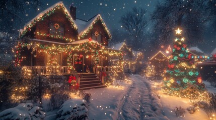 Snow-Covered House Decorated with Colorful Holiday Lights and Garlands on a Cozy Winter Night