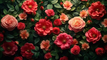 Obraz premium Natural fresh red and pink roses flowers pattern wallpaper. top view, Red and pink roses flowers wall background. 