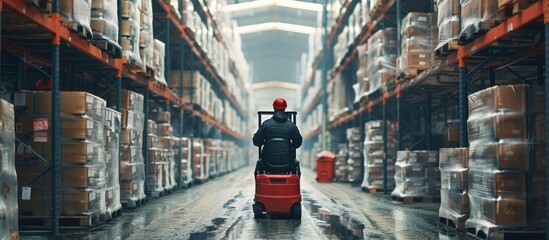 Efficient Warehouse Interior with Organized Storage Shelves and Stacked Boxes for Effective Inventory Management and Product Distribution