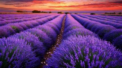 Obraz premium Majestic Sunrise Over Lavender Fields in Bloom (Landscape Photography)
