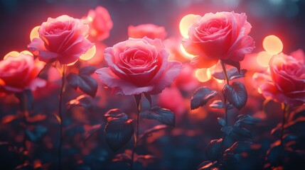 Obraz premium Pink and red roses arranged against a vibrant neon background, styled for Valentine's Day. The rich colors of the roses pop against the glowing backdrop, creating a romantic and festive atmosphere. 
