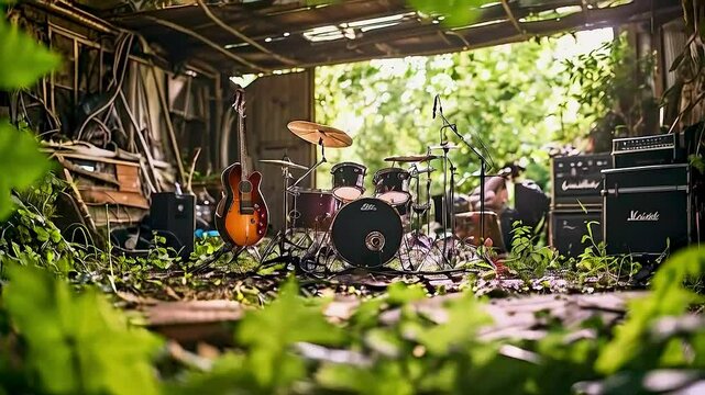 a band  playing in a shed