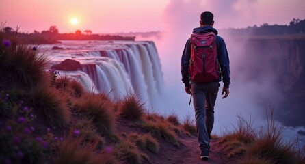 Trailblazer male model at Victoria Falls, Zambia/Zimbabwe, a national geographic photo featuring rich purples and lavenders, captured in 8k with Hasselblad X1D.