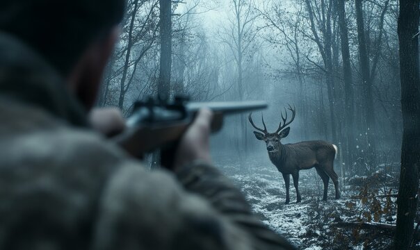 Hunter aiming rifle at deer in snowy woods.