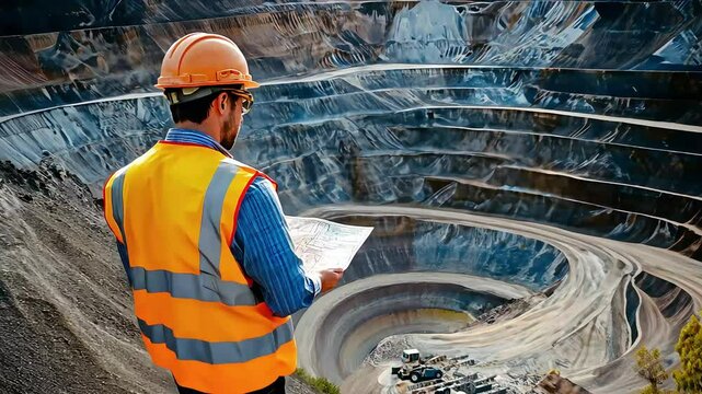 A construction worker in a safety helmet and vest examines a map while overlooking a large quarry, indicating planning and oversight in mining operations.