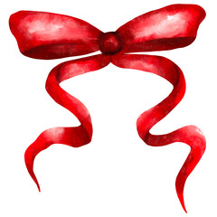 Red watercolor bow, Christmas element for pattern and greeting cards 