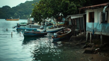 A quiet coastal village harbor, boats rest by rustic houses under the shade of lush trees, evoking a timeless, tranquil seaside ambiance.