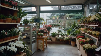 A bright flower shop brimming with plants and blooms, showcasing a vibrant, colorful assortment in an urban setting, inviting customers with its charm.