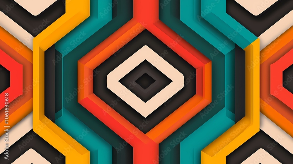 Poster the image is a colorful abstract pattern made up of overlapping geometric shapes in shades of red, o