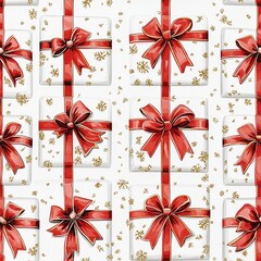 Seamless pattern, Colorful wrapping paper featuring decorative gift boxes with red bows and golden snowflakes for festive occasions