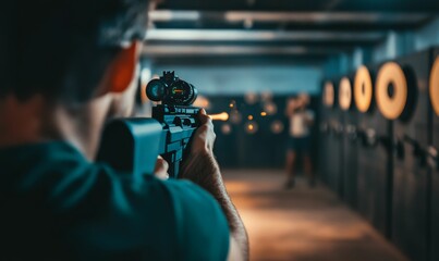 Man aiming rifle at shooting range.