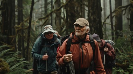 Fototapeta premium Elderly hikers navigate through a dense, misty forest, embracing adventure amid nature’s ancient embrace.