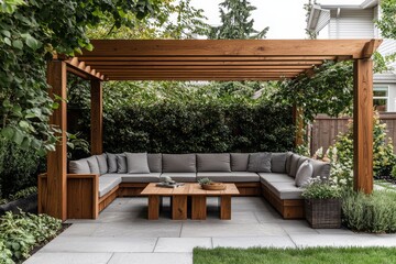 Obraz premium Cozy outdoor seating area under a wooden pergola surrounded by lush greenery in a serene backyard setting