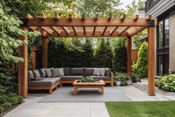 A cozy outdoor living space featuring a wooden pergola and comfortable seating in a lush garden setting