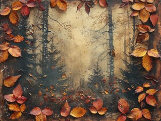 A serene forest scene framed by autumn leaves, evoking tranquility and nature's beauty.