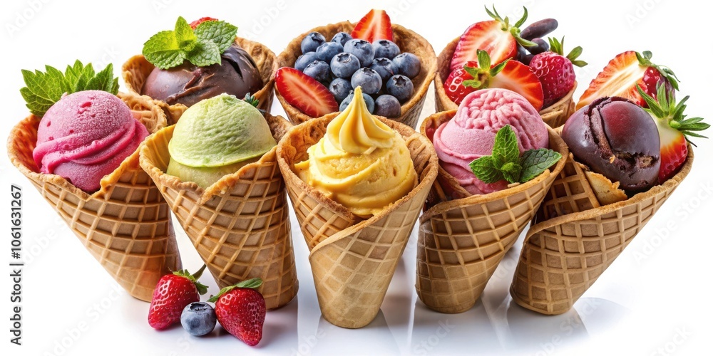 Aufkleber a delicious assortment of ice cream cones filled with various flavors and topped with fresh fruit an