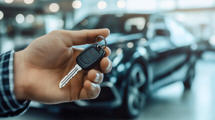 Proud hand holding car, excited key owner rental purchase, satisfied new customer loan transportation, cheerful successful buyer, client dealership happy, copy space