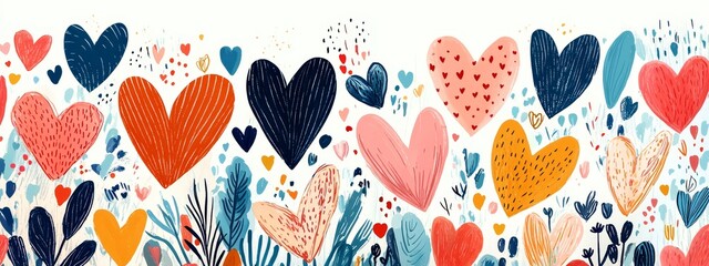 Colorful heart patterns with various designs and plants create a vibrant and cheerful atmosphere ideal for celebrations or artistic projects