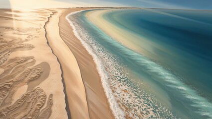 Aerial View of an Abstract Sand Beach Bathed in Golden Sunset Light Perfect for Travel and Nature Enthusiasts Seeking Stunning Coastal Landscapes
