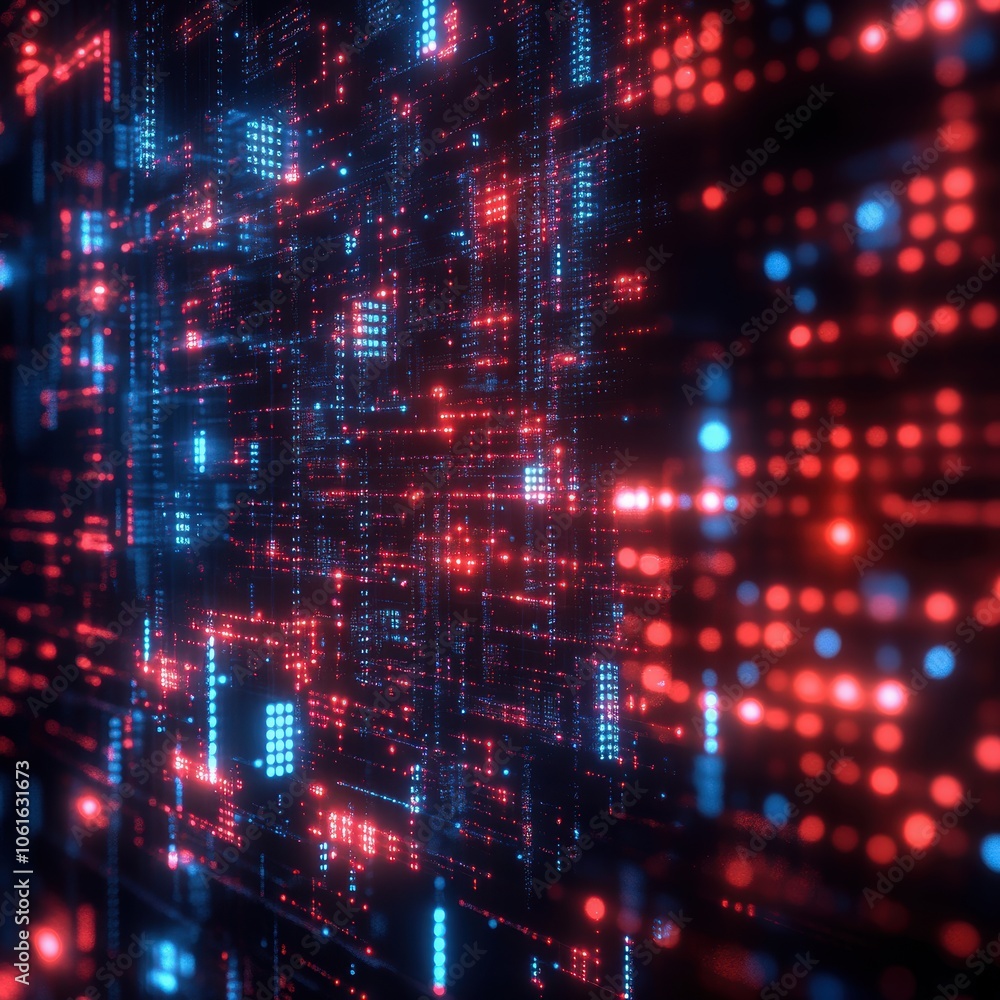 Poster a vibrant futuristic tech backdrop featuring red and cyan digital patterns and lights. generative ai