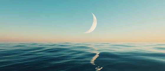 A serene landscape featuring calm ocean waves under a clear sky, with a crescent moon reflecting gently on the water's surface.