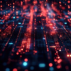 Futuristic digital landscape featuring vibrant red and cyan technology streams. Generative AI