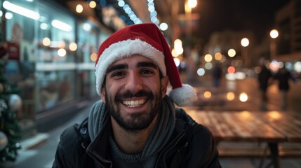 Obraz premium A cheerful man in a Santa hat smiles warmly, creating a cozy holiday vibe amid a city street's festive glow and bokeh lights.
