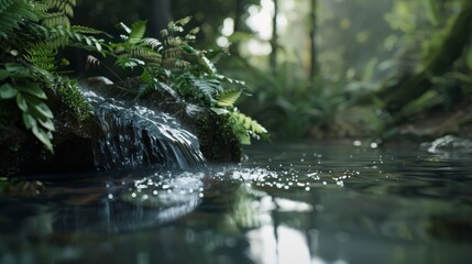 A tranquil stream cascades gently in a lush, sun-dappled forest, its clear waters sparkling amidst vibrant greenery.