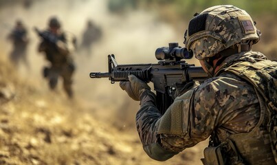 A soldier aims a rifle with another soldier in the