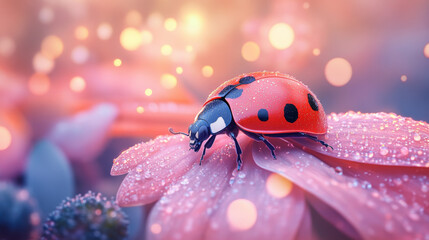 ladybug crawling on vibrant flower petal, adorned with dew drops, creates serene and enchanting scene. soft bokeh background enhances beauty of nature