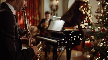 Fototapeta premium Elegant musicians play piano and saxophone in a festive, warmly decorated room, creating a sophisticated holiday ambiance.