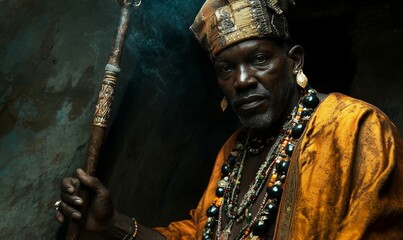 African man in ornate garb with staff and beads.