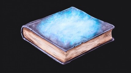An artistic book with blue glowing cover on a black background.