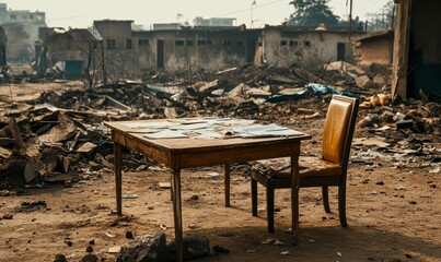 A table and chair amidst the rubble of a destroyed