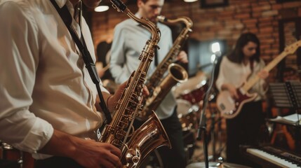 Obraz premium Jazz musicians perform passionately in a cozy brick-walled venue, their instruments weaving a rich tapestry of sound, filling the space with soulful tunes.