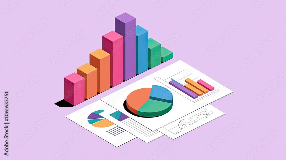 Poster colorful graphs and charts on a light purple background for data visualization.