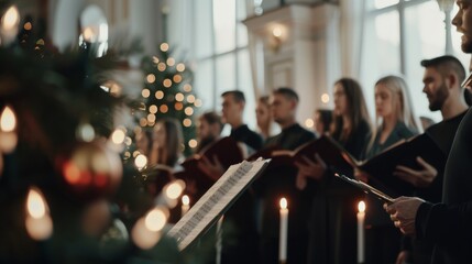A festive choir performs in a warmly lit hall, surrounded by candlelight and holiday decorations, exuding harmony and the spirit of Christmas.