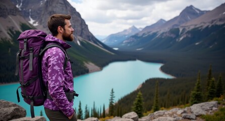 Naklejka premium Adventurer at Banff National Park, Canada, in rich purple and lavender camouflage, captured with realistic tones in 8k on Hasselblad X1D.