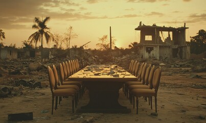 Naklejka premium Ruined building, table, chairs, debris.