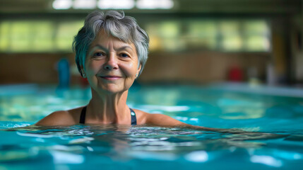 Obraz premium Vibrant senior old woman, energetic swimming pool happy sport, spirited elderly exercise smiling active, healthy recreational fitness, wellness leisure relaxing